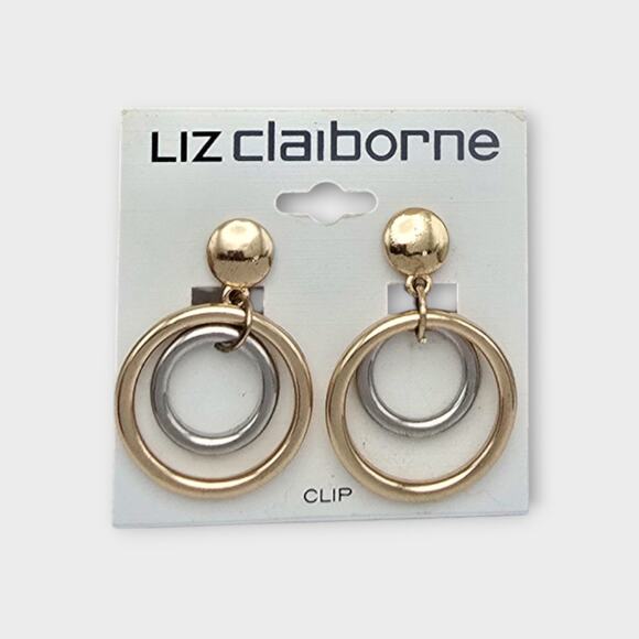 Liz Claiborne Gold Silver Double Hoop Clip-On Earrings NWT – Retro 80s 90s - Picture 1 of 7